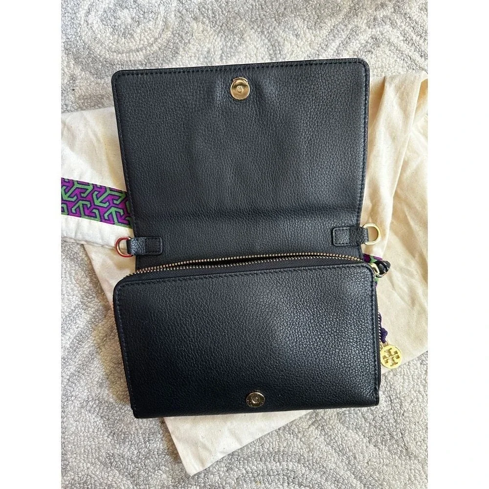 Tory Burch Miller Wallet Crossbody Bag Black Pebbled Leather Gold Hardware Logo